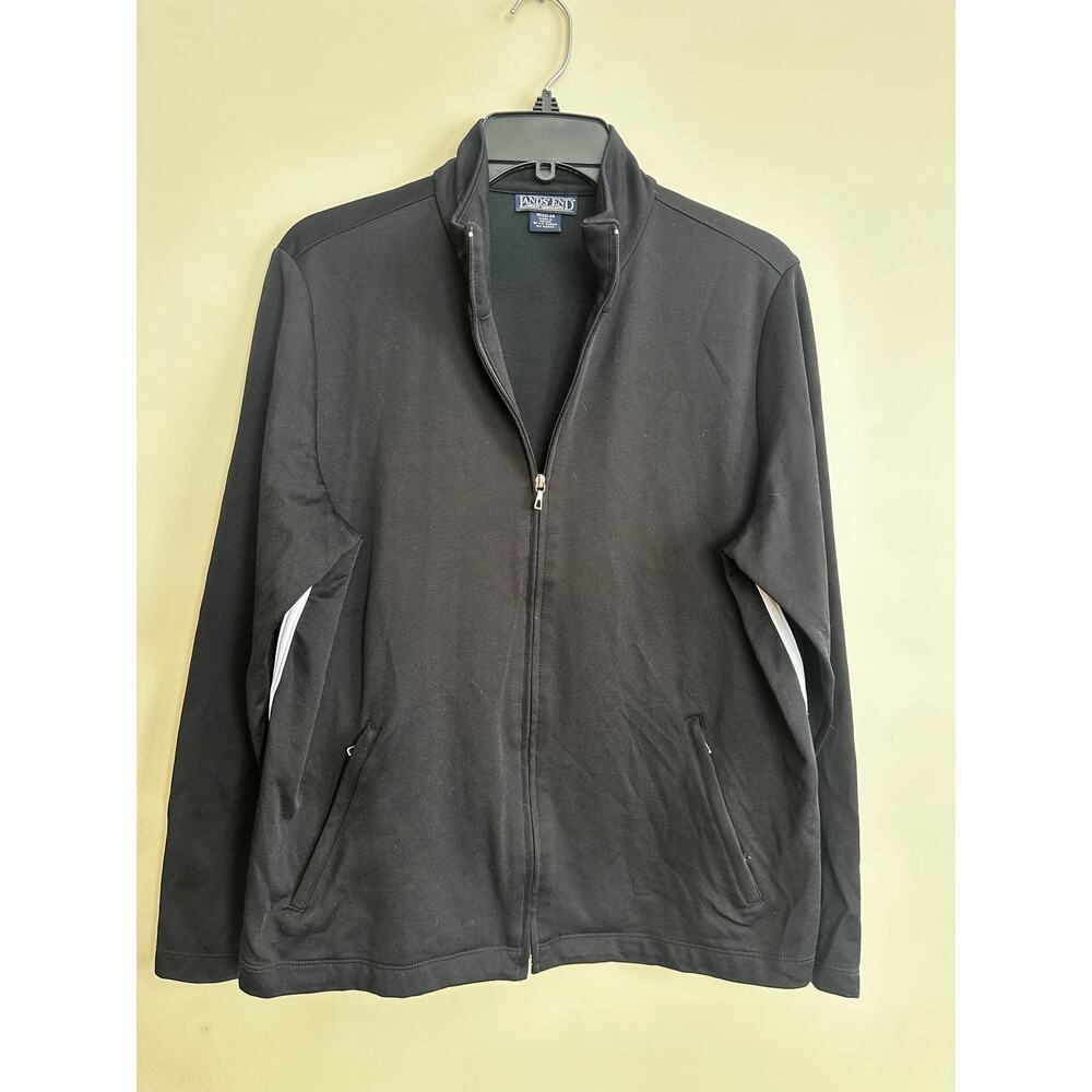 Lands’ End Black Full Zip Jacket Women’s L 14-16 Regular Athletic Stripe